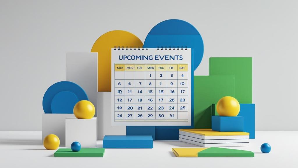 A calendar that reads upcoming events and has colorful discs and spheres placed around it