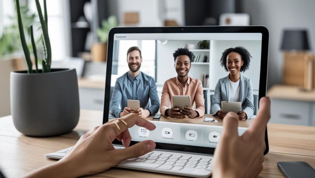 a computer with a hands, the person is on a video conference call