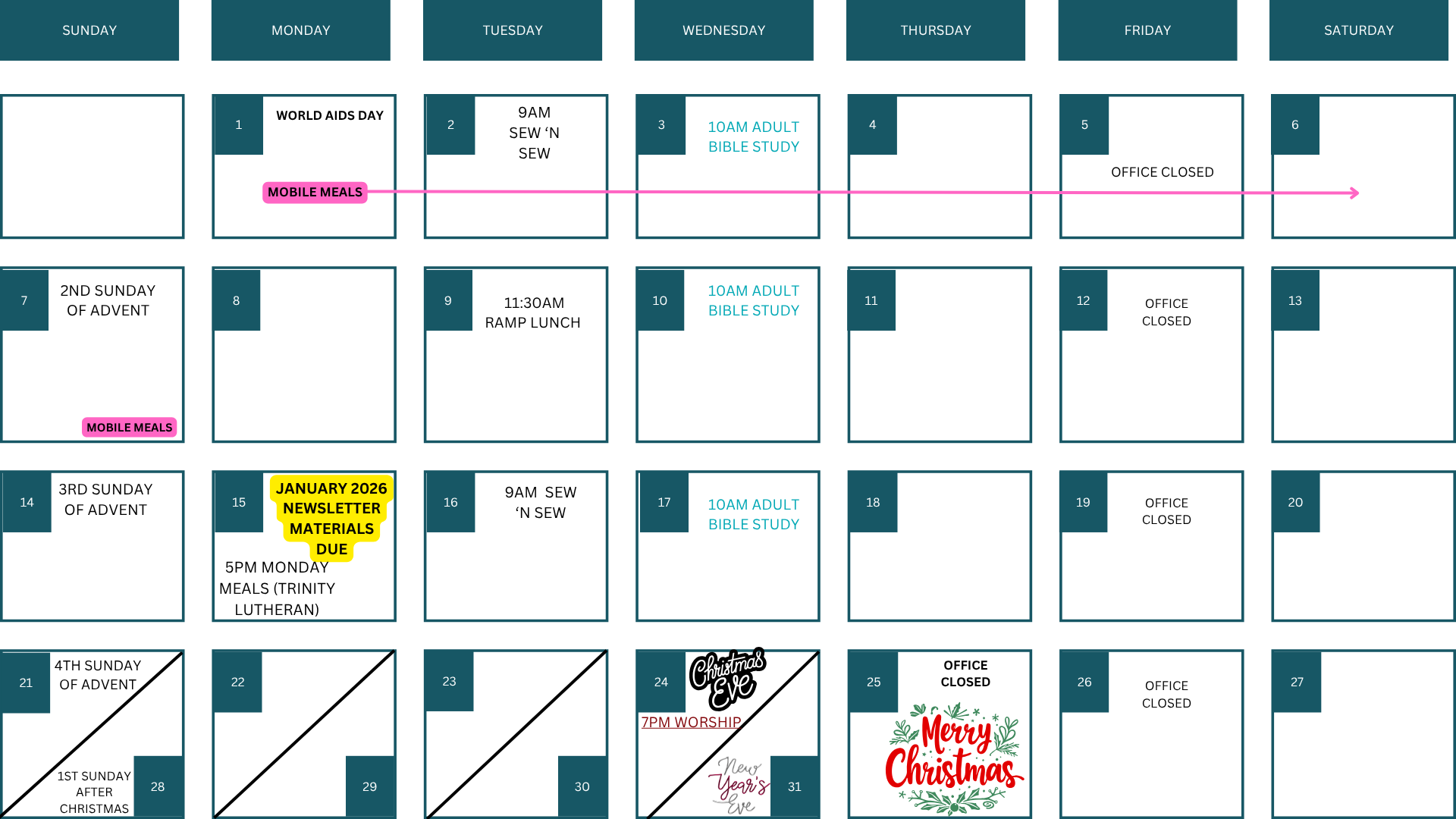 Monthly calendar with events including World AIDS Day, Mobile Meals, Adult Bible Study sessions, and Christmas celebrations.
