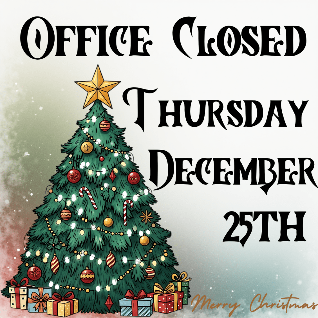 Decorative Christmas tree with presents and ornaments, with text announcing office closure on December 25th.