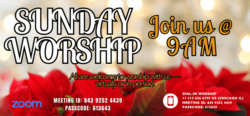 Promotional image for Sunday worship service at 9 AM, featuring festive red flowers and details for joining via Zoom, including meeting ID and passcode.