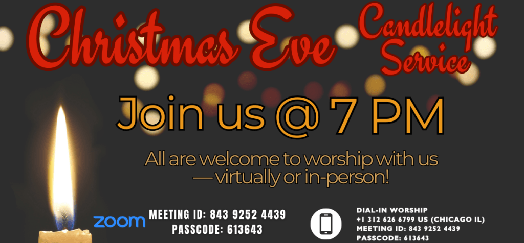 Graphic for a Christmas Eve candlelight service featuring a candle and festive text. It invites participants to join at 7 PM, both virtually via Zoom and in-person.