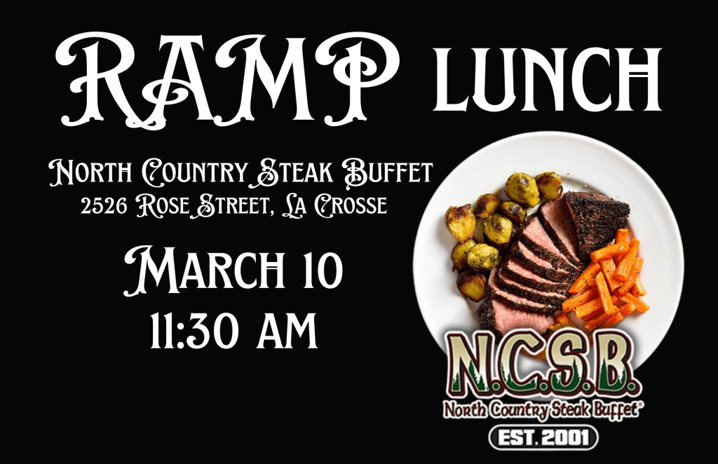 Promotional poster for a Ramp Lunch event at North Country Steak Buffet, featuring details such as the date (March 10) and time (11:30 AM), along with an image of a plate containing steak, roasted potatoes, and carrots.