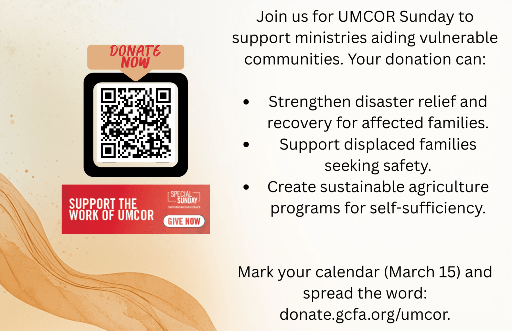 Graphic promoting UMCOR Sunday with information on how donations can aid vulnerable communities, including disaster relief and sustainable agriculture. Features a QR code for donations.