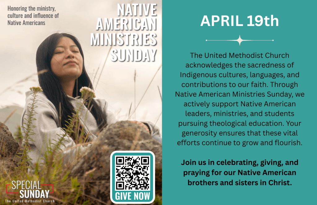 A woman sitting outdoors in a natural setting, with her eyes closed and a peaceful expression, surrounded by greenery. The image promotes Native American Ministries Sunday on April 19th, highlighting the importance of Indigenous cultures and support for Native American leaders and students.
